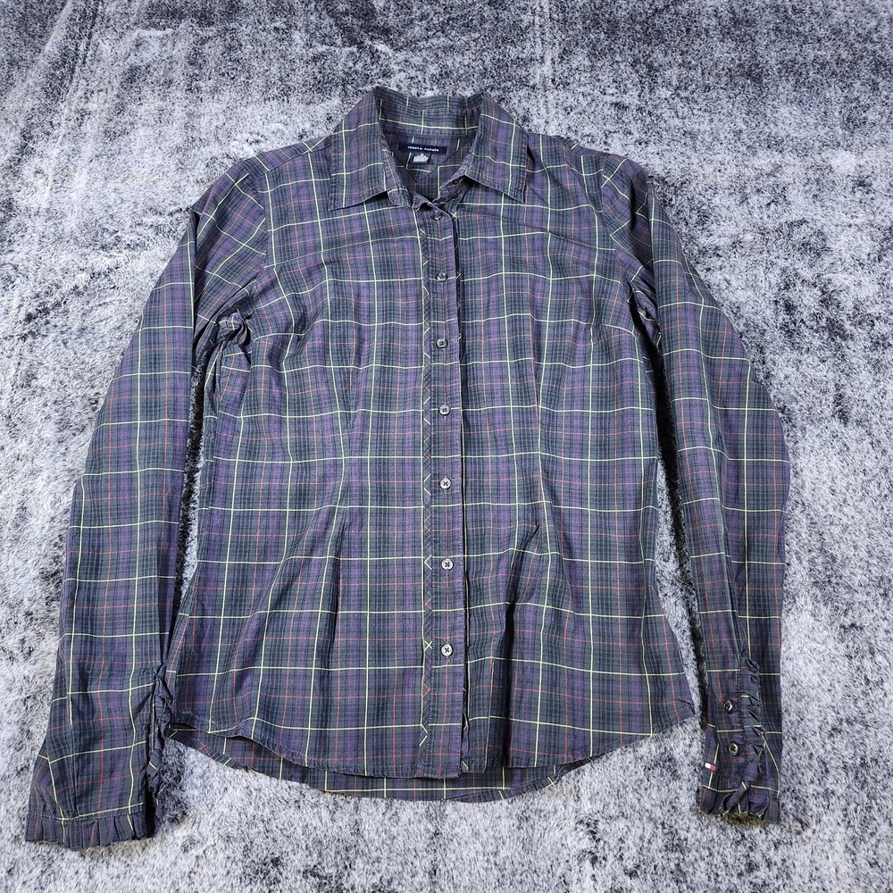 Tommy Hilfiger Flannel Button Down Top Size Medium Plaid Ruffle Black Red Casual